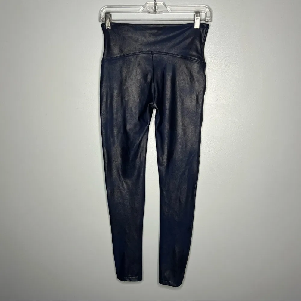 Spanx Blue Faux Leather Leggings Shiny Finish Sculpting High Rise Edgy Pants L - Image 6