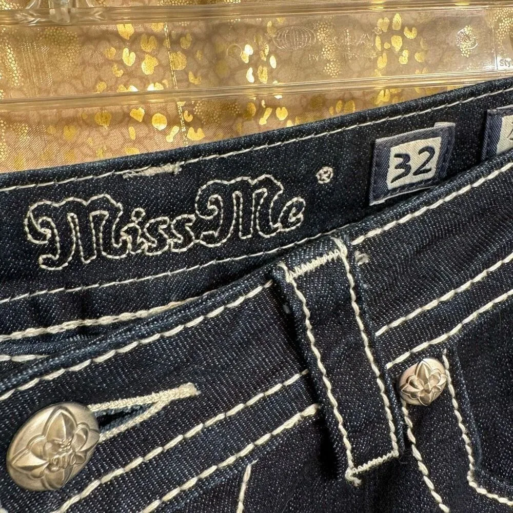 Miss Me Dark Blue Rhinestone Cross Pocket Denim Boot Cut Jeans 32 Altered - Image 4