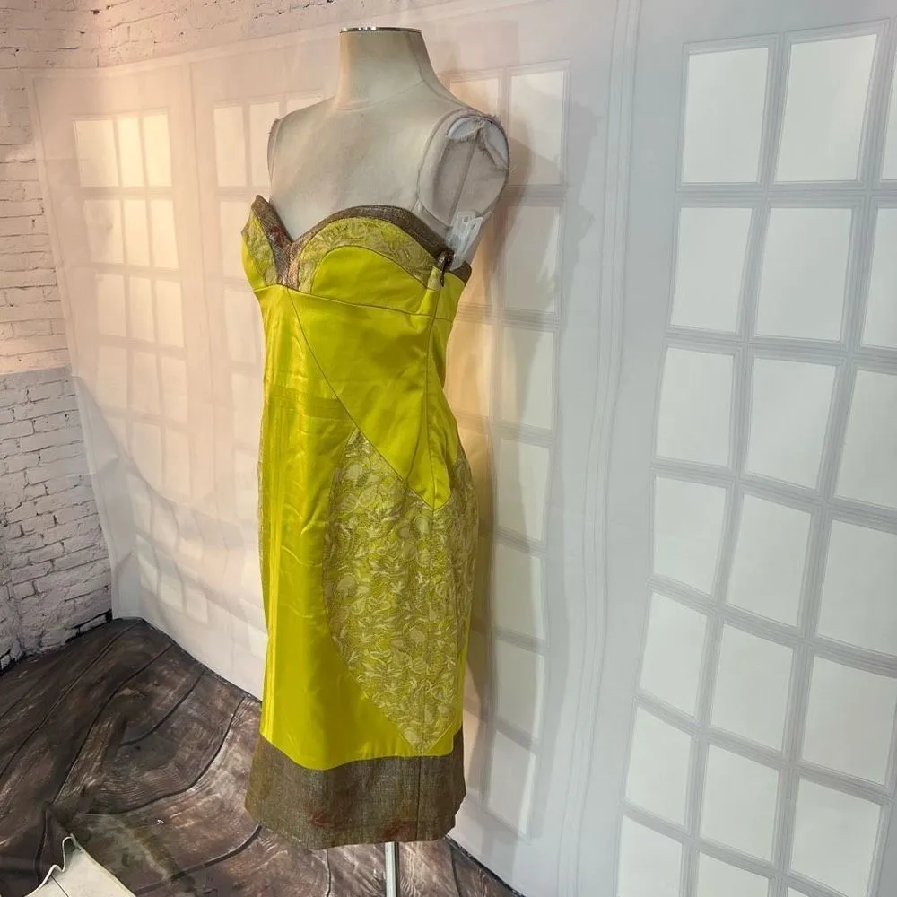 Nicole Miller collection yellow silk satin lace accent strapless cocktail dress - Image 2