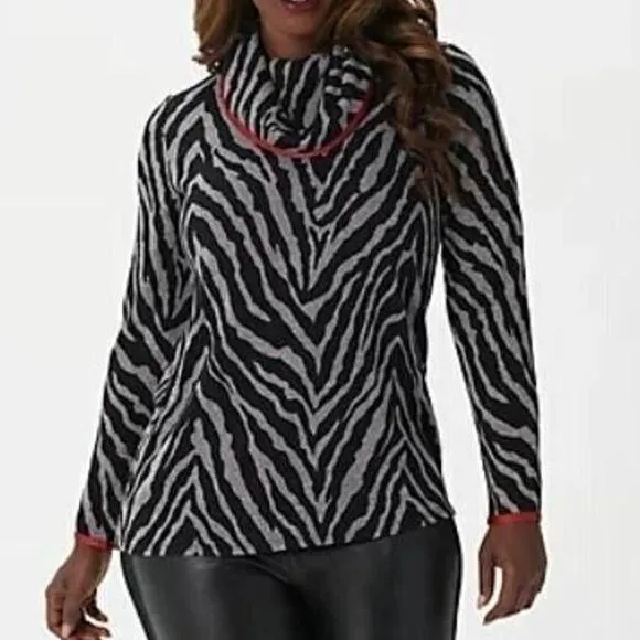 Susan Graver Weekend Plus Size 2X Animal Printed Cowl Neck Sweater Knit Top Grey - Image 1