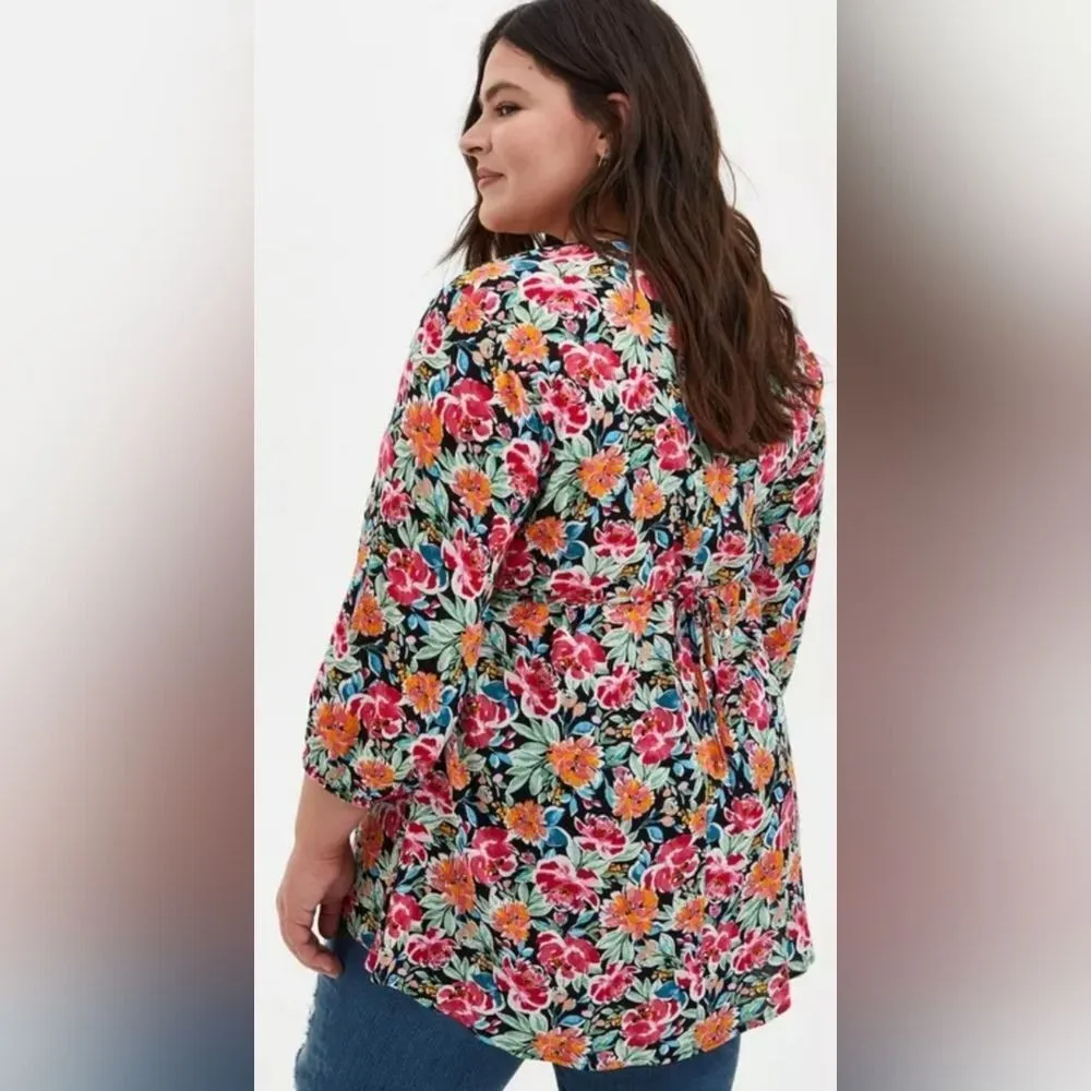 Torrid Floral Print V-Neck Crinkle Gauze Hi-Low Tunic Top (0) - Image 2