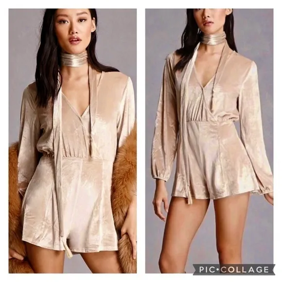 Honey Punch Champagne Beige Velvet Open Back Romper S - Image 2