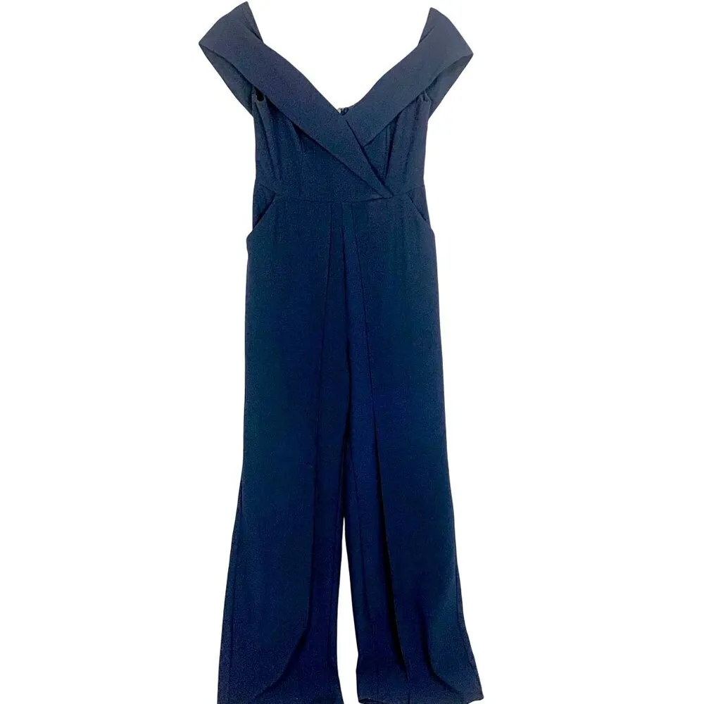 Off-The-Shoulder Black Jumpsuit S Wrap Leg Formal Style Crepe Evening Wear Prom - Image 2