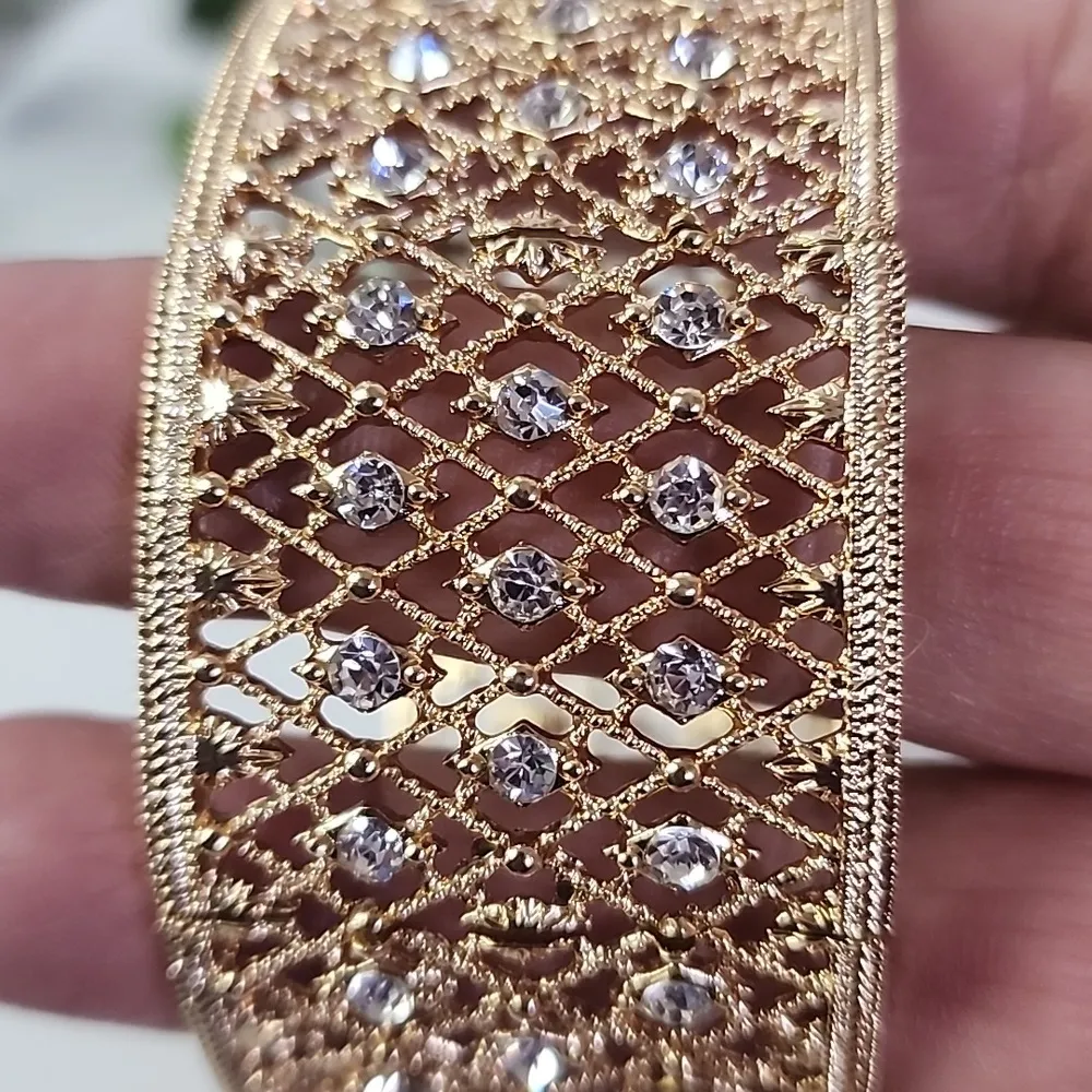 Wide Gold with CZ Filigree Stretch Bracelet - Image 2