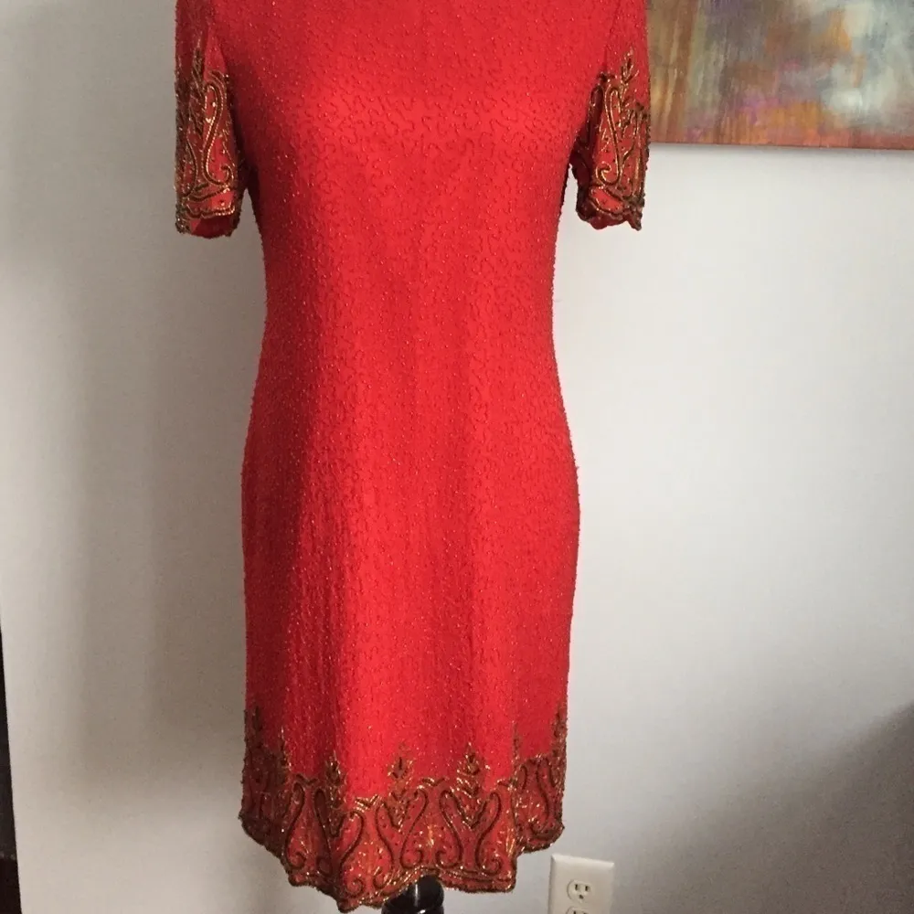 Vintage Beaded cocktail Dress Knee Length Holiday Party red Size 8 - Image 7