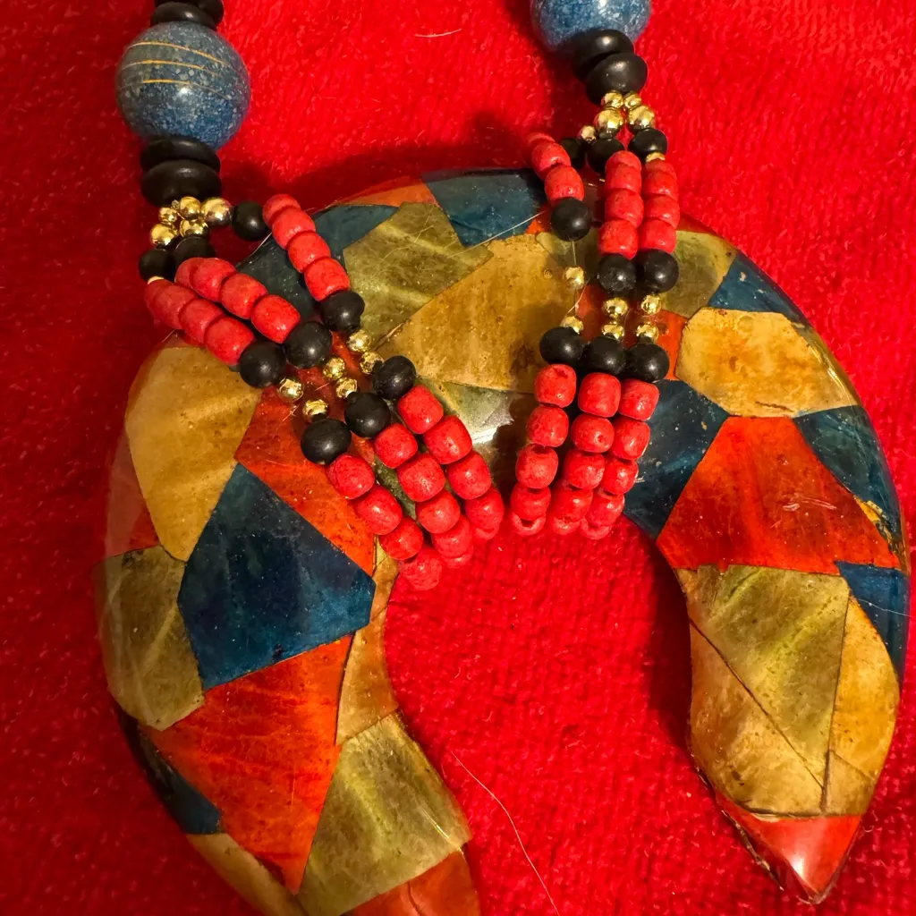 Red and Blue Beaded Necklace with Striking Patterns - Image 2