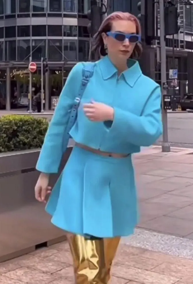 ZARA Cropped Bomber Tweed Weave Textured Zip Jacket Blue Size XS NEW - Image 3