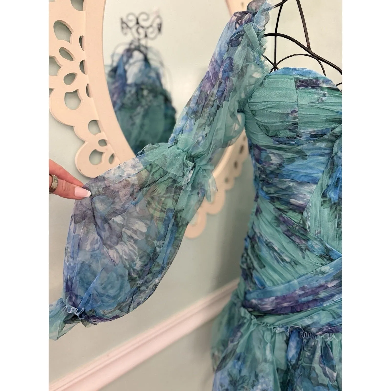 ASOS LUXE puff sleeve ruched chiffon mini dress in blue floral print 0 Whismsy - Image 3