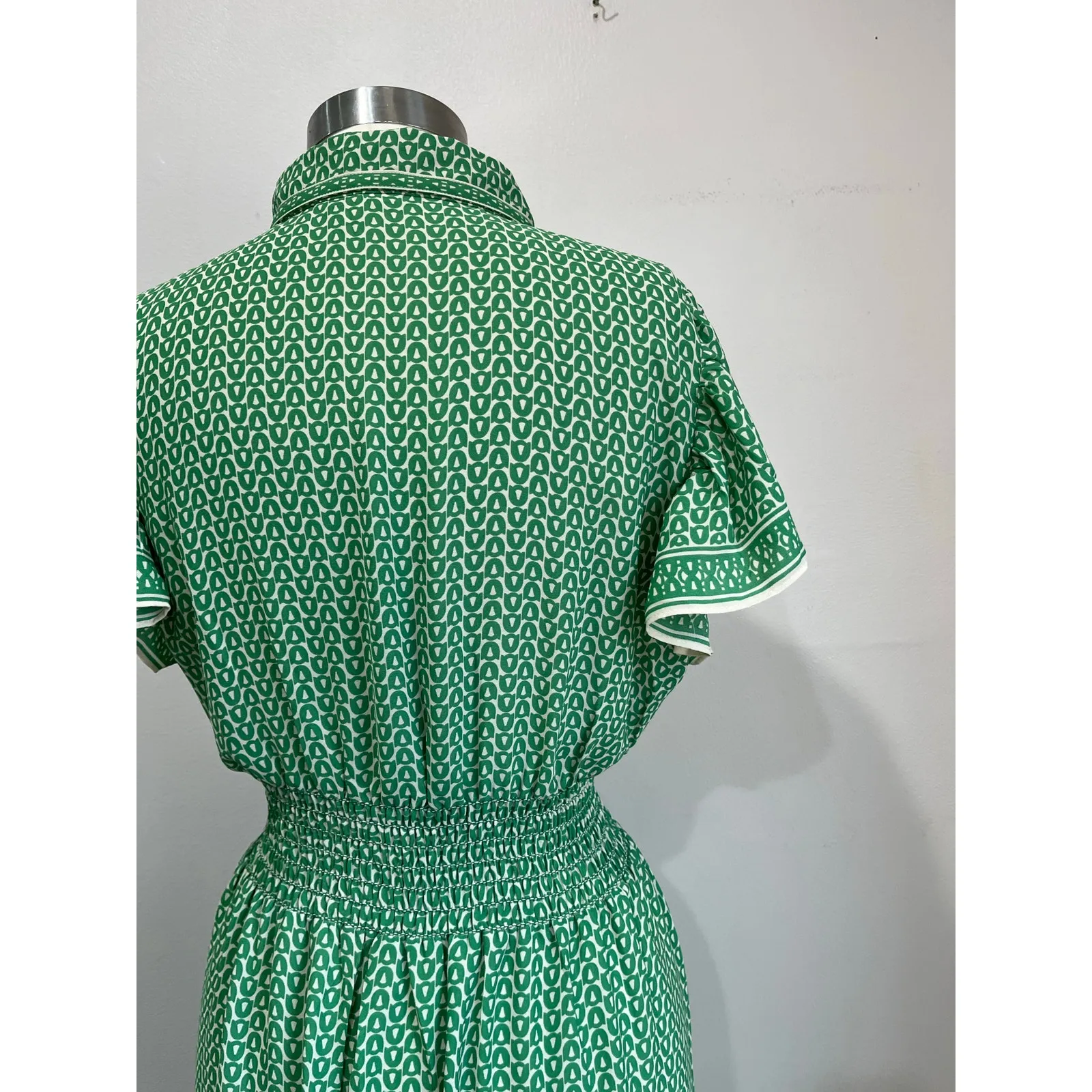 Max Studio London Green Geo Print Tie Waist Shirt Midi Dress Short Sleeve Size L - Image 5