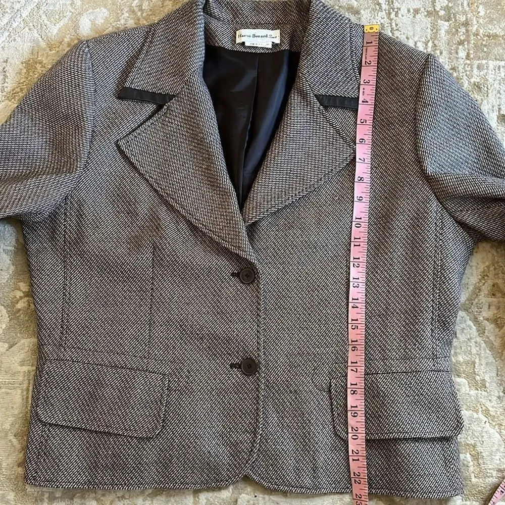 Vintage Harvé Benard Blazer L Herringbone Faux Leather Trim 90s Y2K Brown Size L - Image 8