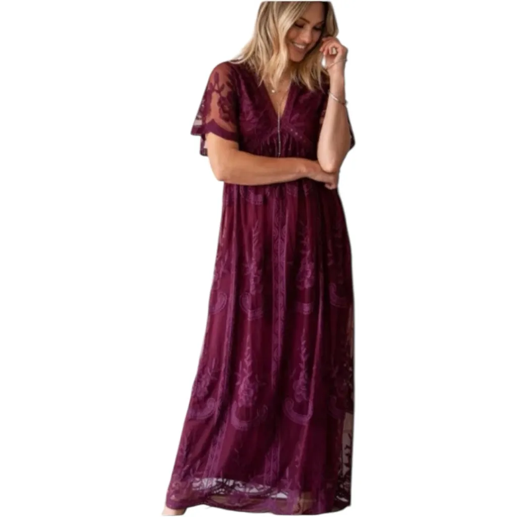 Pinkblush Burgundy Scalloped Edge Lace Overlay Empire Waist Maxi Dress Size S - Image 3