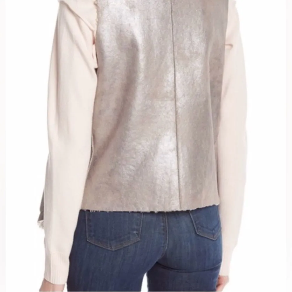 French Connection Silver and Tan Sherpa Lined Arleen Shearling Vest - Image 3