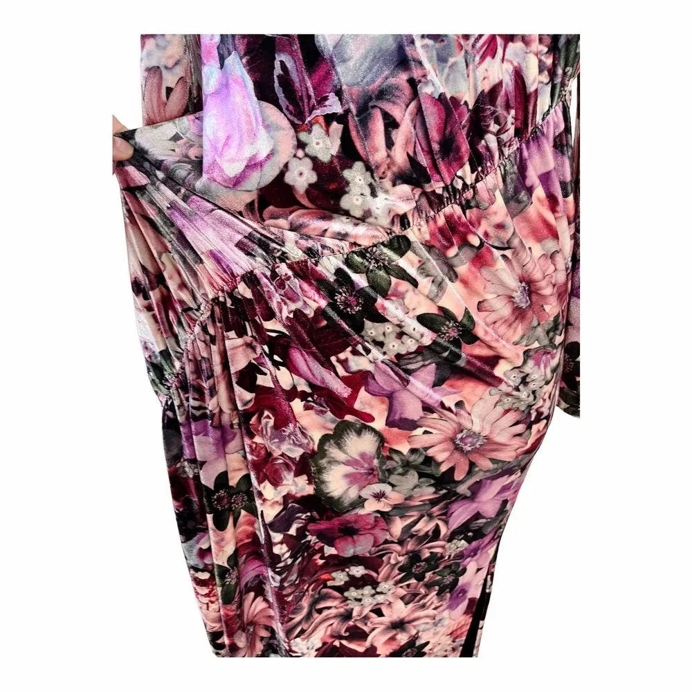 AIDAN MATTOX Velvet Dress Floral Maxi Stretch Multicolor Pink Long Sleeve 6 NWT - Image 4