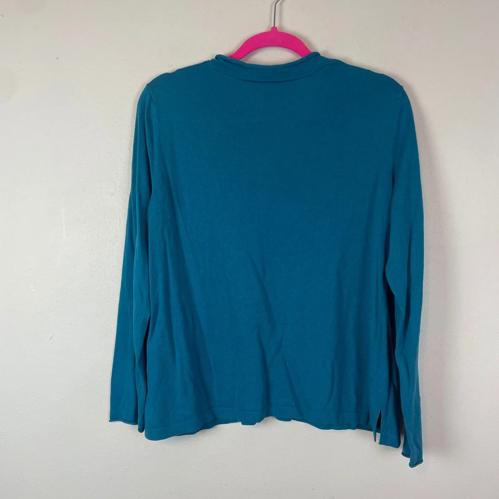 J.Jill‎ L Petite L Silk Cotton Teal Blue V-Neck Long Sleeve Knit Top Relaxed Fit - Image 8