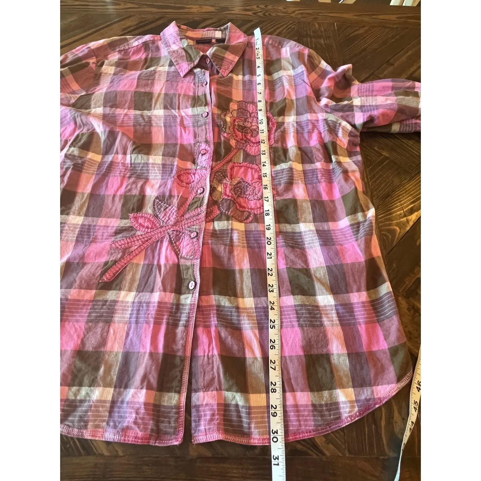 Westbound Womans 3X Plaid Applique Sequin Adorned Button Front Blouse Floral - Image 5
