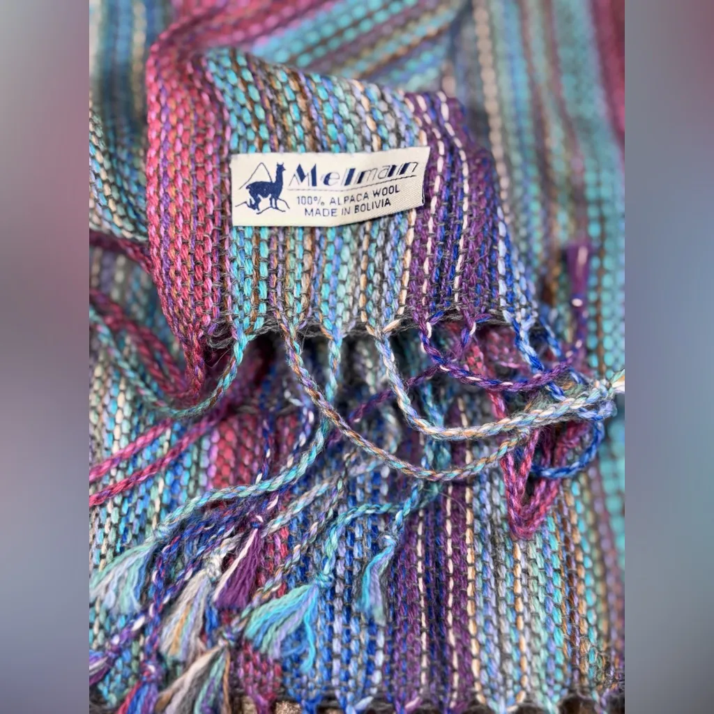 Vintage Melman Alpaca Wool Scarf Boho Pastel Rainbow Striped Fringe Bohemian Blue - Image 2
