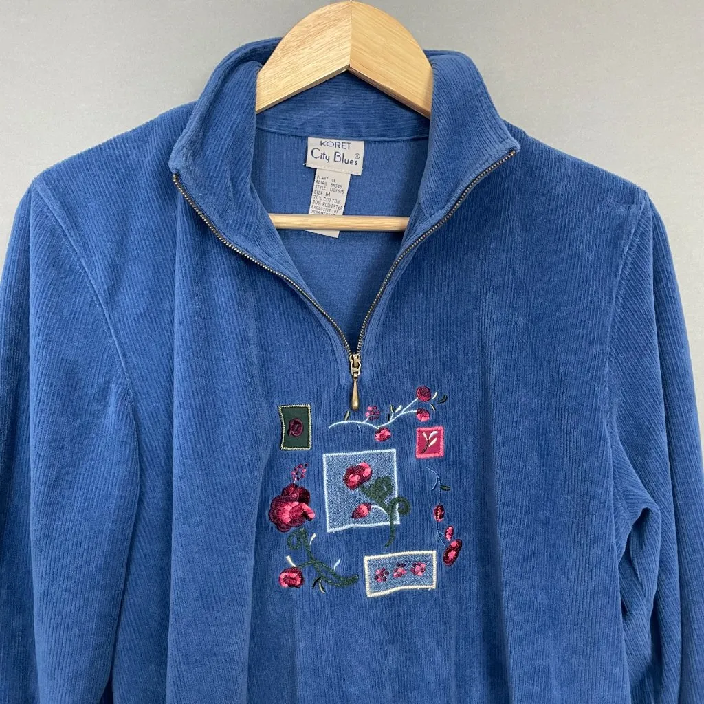 Vintage Sweatshirt Embroidered Flowers‎ Blue Quarter Zip Women Size Medium Koret - Image 3