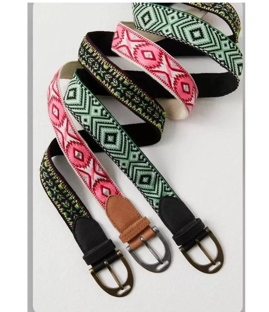 Free People Moving To Mars Cotton Leather Aztec Print Belt Pink White Size M/L - Image 3