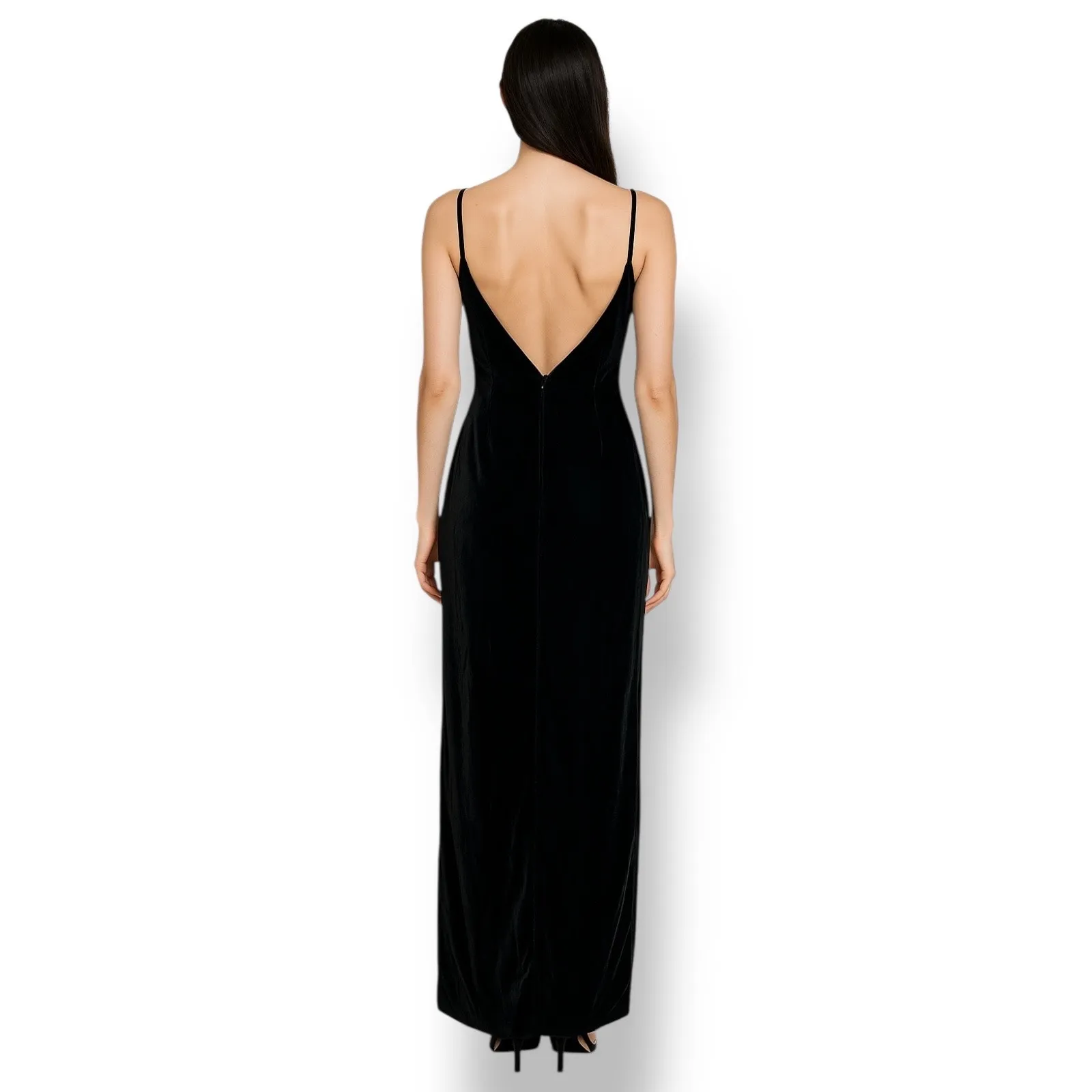 Vintage 90s Velvet Pearl Studded Black Maxi Column Dress Deep Vneck Made In USA Size M - Image 3