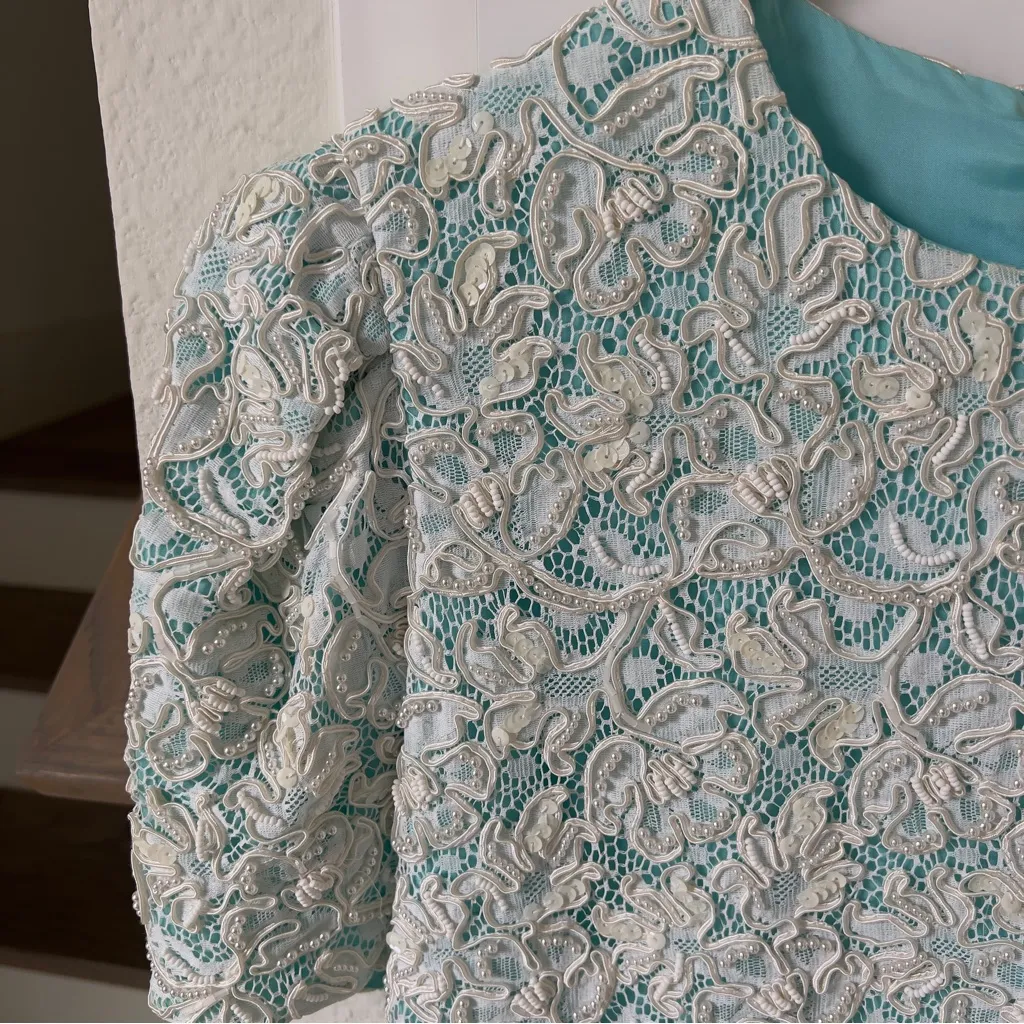 Vintage Richilene Beaded Pearls Pleated Lace Short Sleeve Dress Gown Blue White - Image 4