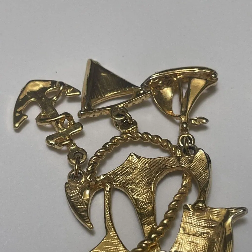 Nautical Clip On Earrings Gold Tone /Enamel Dangling Charms Ship / Anchor Sail - Image 11