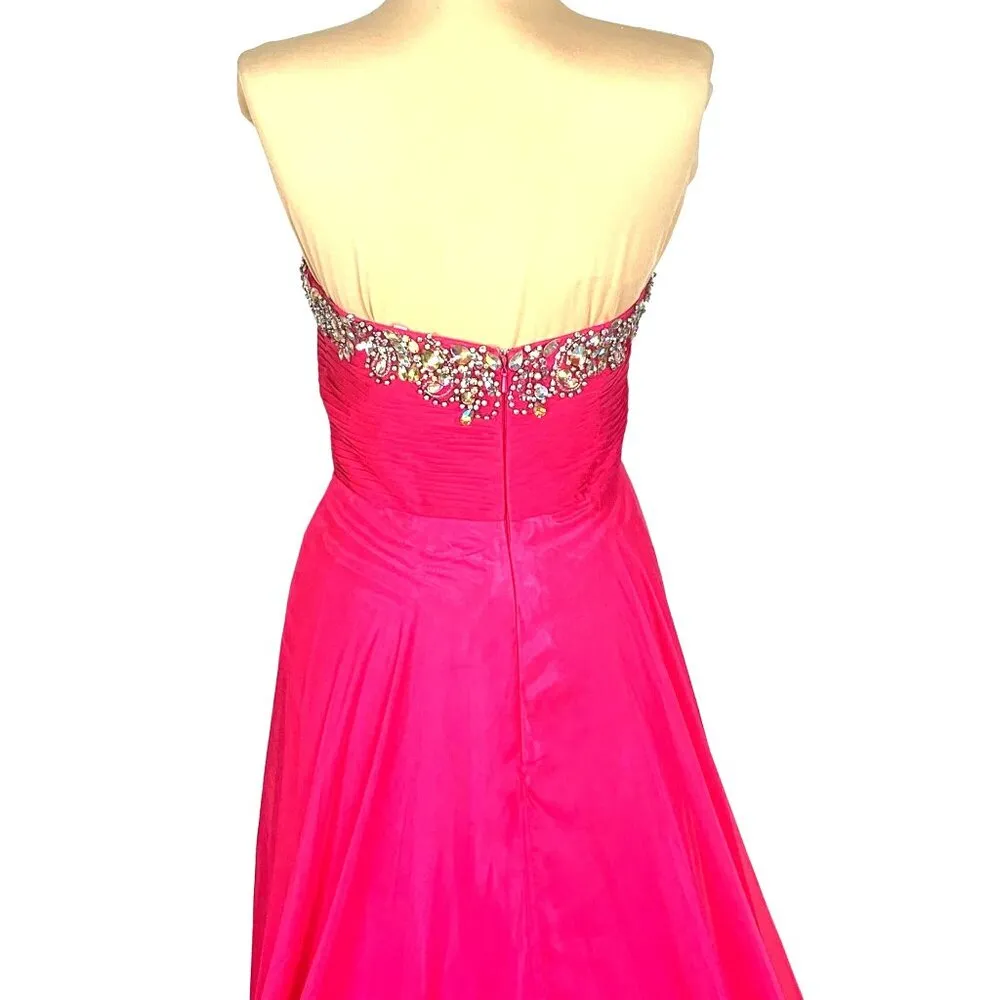 Strapless Barbie Pink Gown 4 Rhinestone Embellished Flowing Chiffon Skirt Prom - Image 7