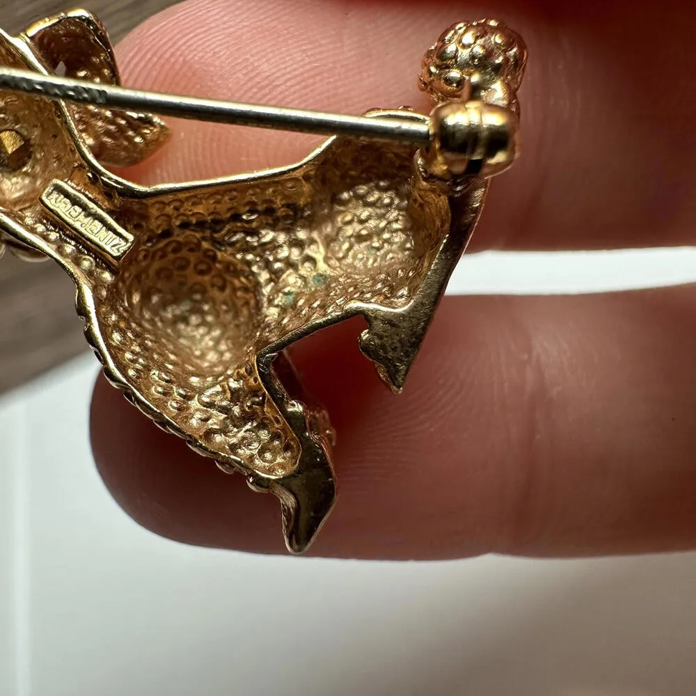 Krementz Small Poodle Dog Brooch Pin Green Rhinestone Eyes Gold Tone Signed - Image 10