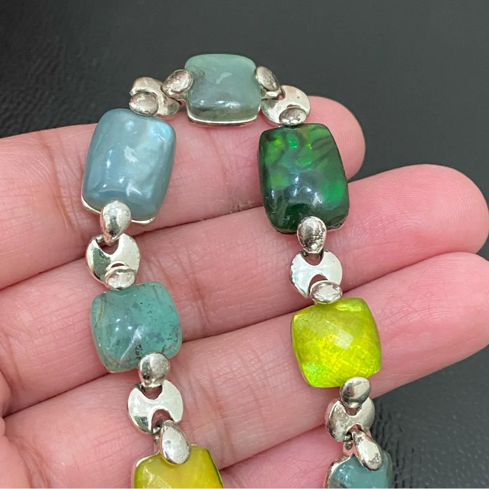 Vintage LC Liz Claiborne Green Yellow Square Glass Cabochon Bezel Link Bracelet - Image 10