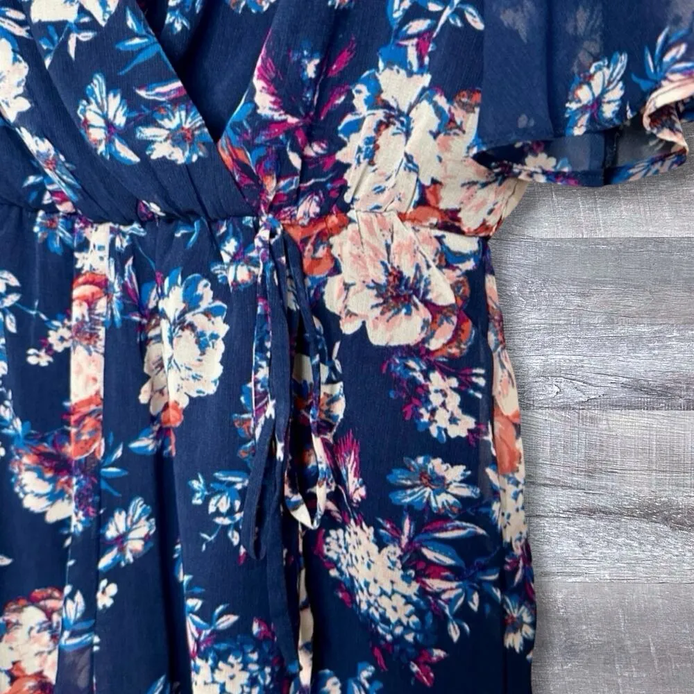 As U Wish Romper Womens S Floral Navy Blue Flutter 1/2 Sleeve V Neck Low Back - Image 5