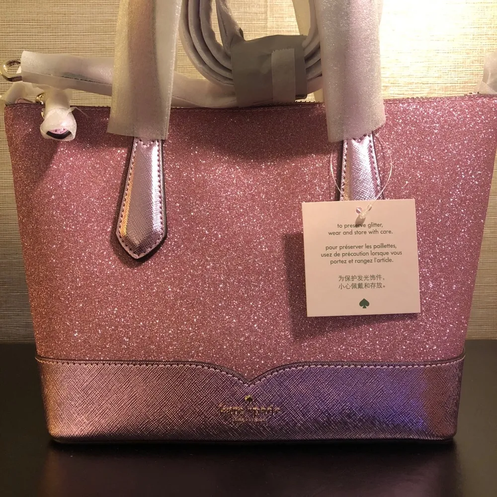 Kate Spade New York Pink Glitter Satchel with Crossbody Strap Leather Handles NW - Image 3