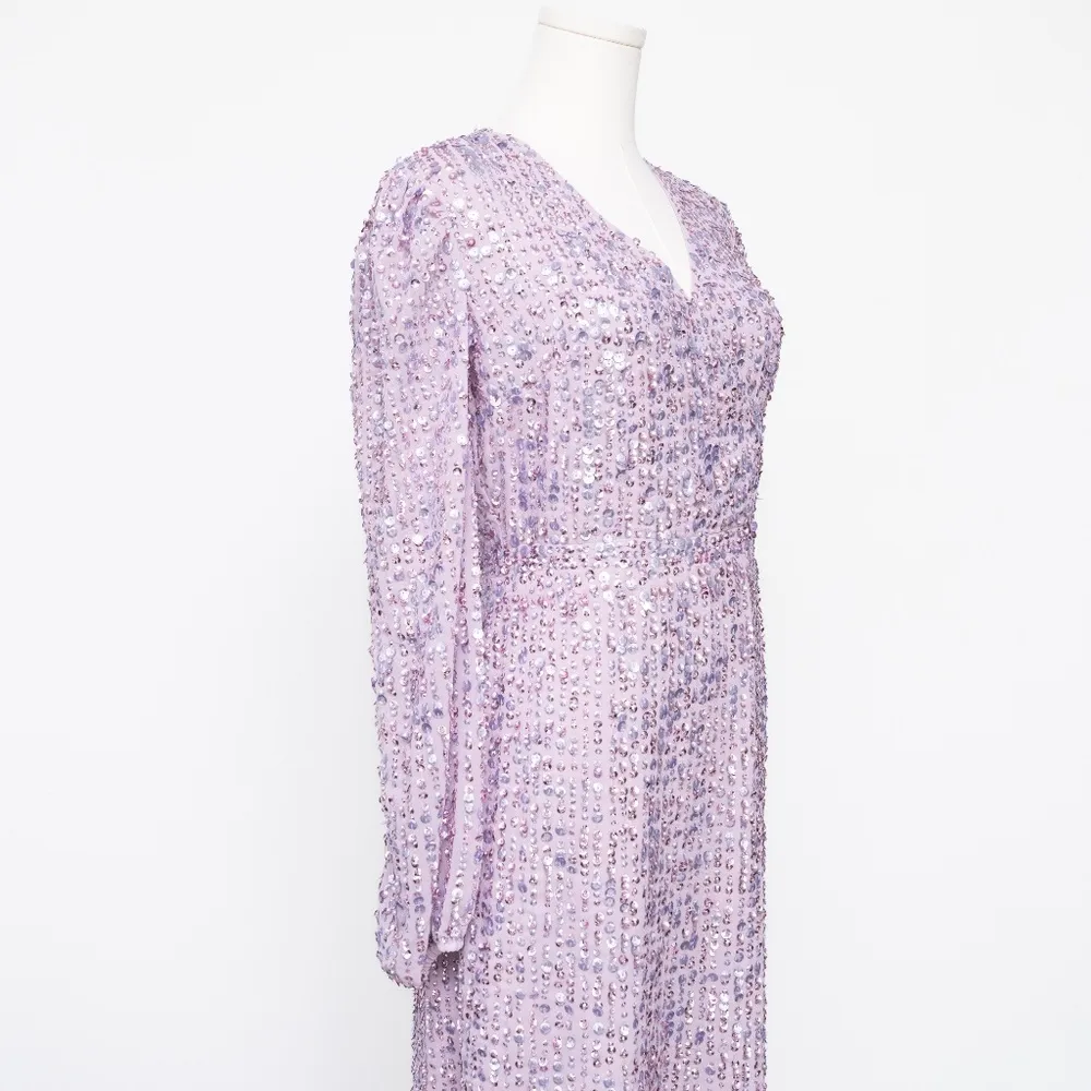 Mac Duggal Purple Sequin Puff Sleeve V Neck Midi Dress - Image 7