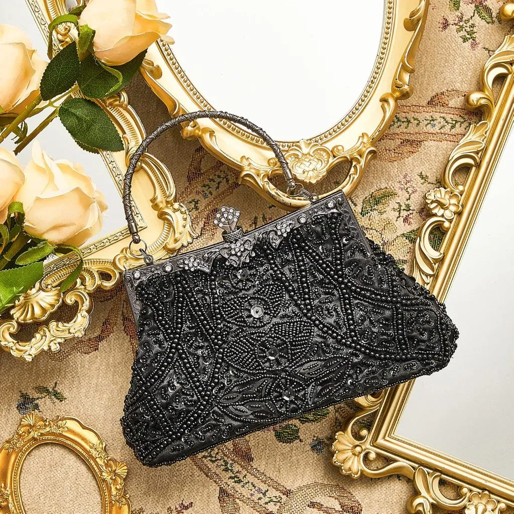 ⚡ Women's Black Rhinestones Vintage Beaded Satin Lining Evening Clutch Bag - Image 2