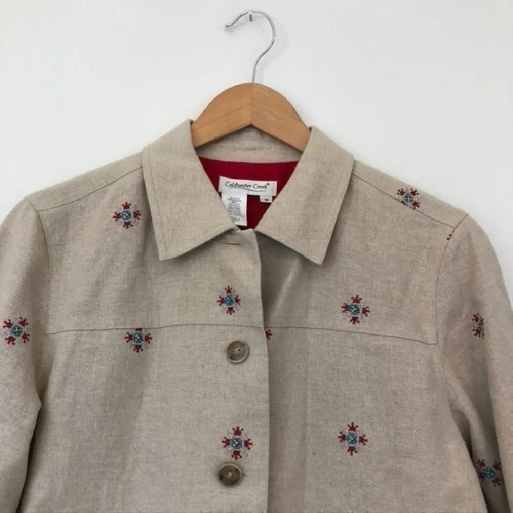 COLDWATER CREEK Beige Tan Red Blue Cross Stitch Linen Etc Shacket Jacket Medium - Image 3