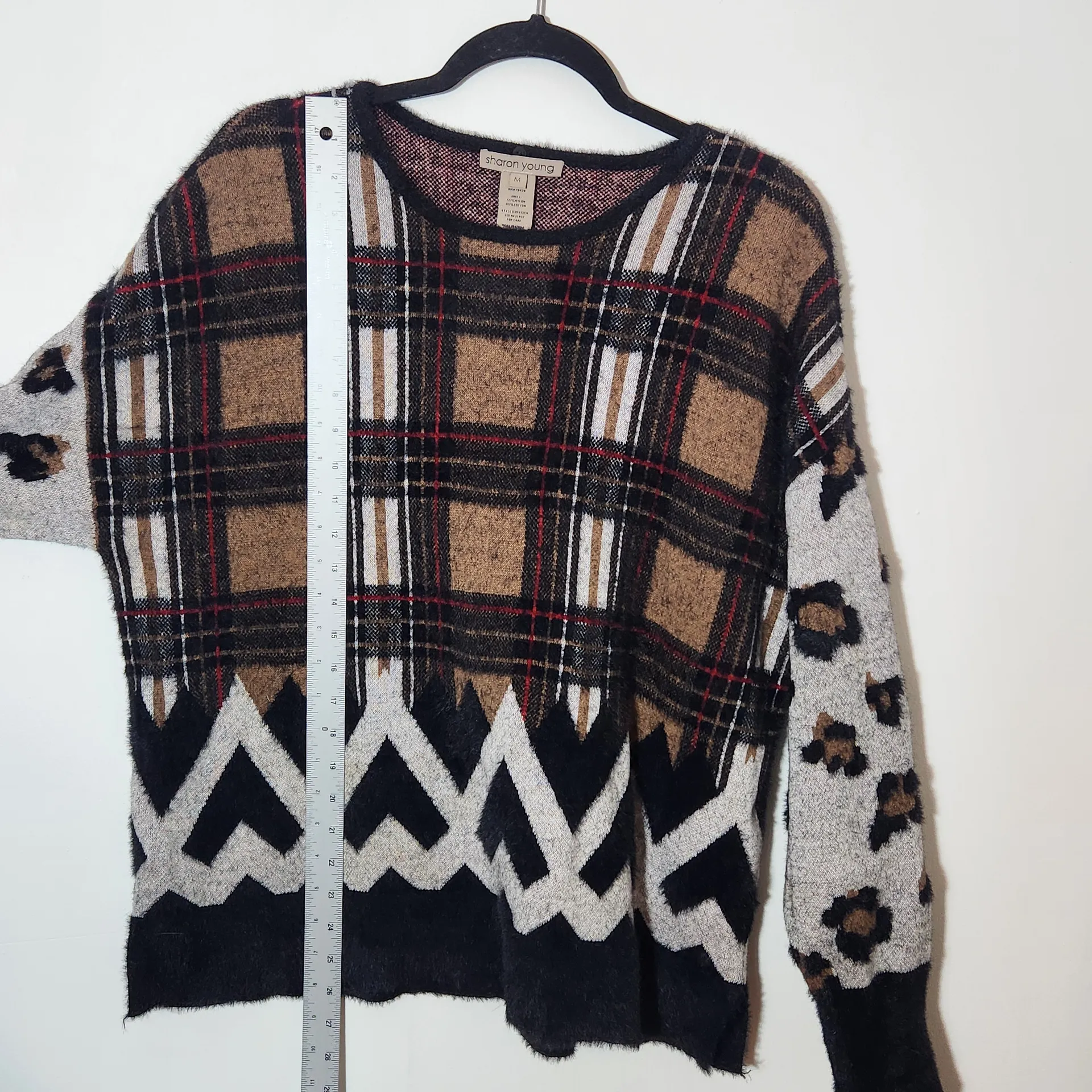 Sharon Young Fuzzy Sweater Size Medium Black Plaid Sweater - Image 5