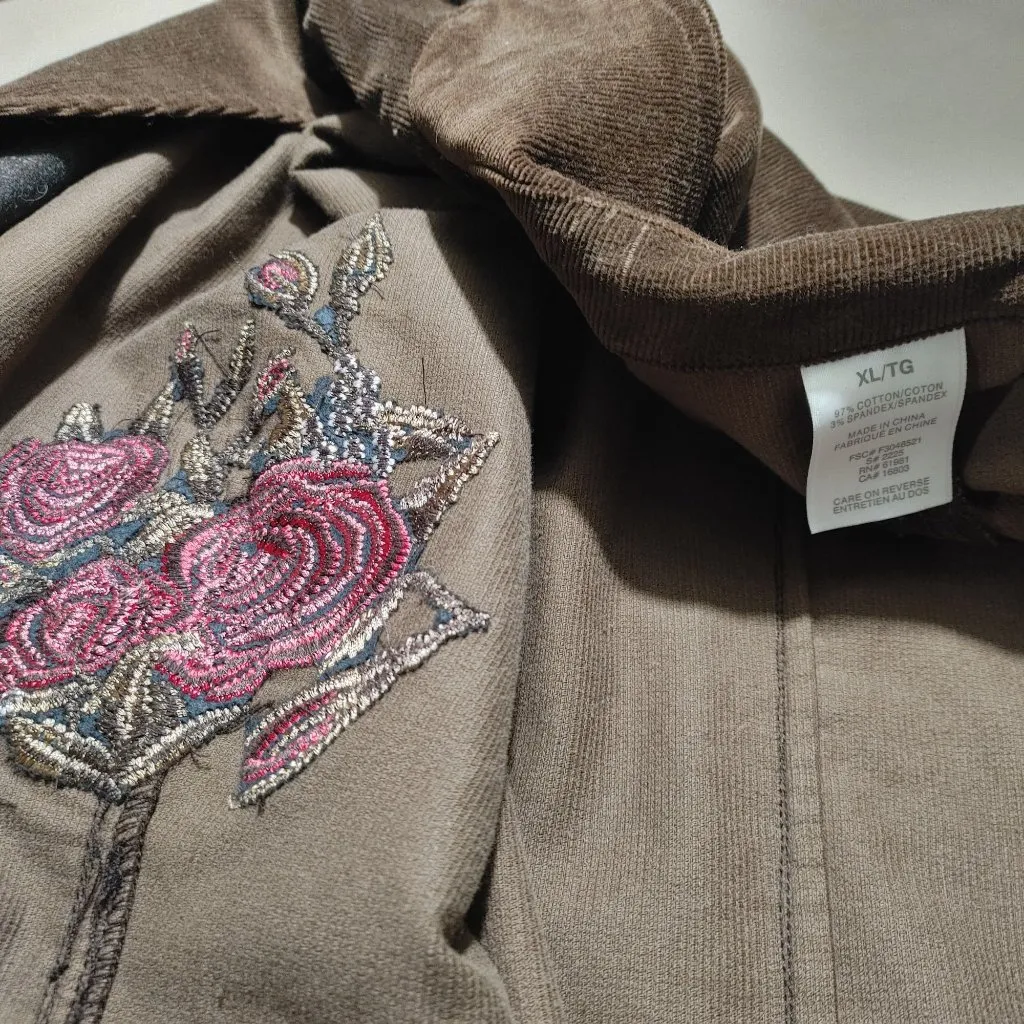 Corduroy Blazer Size XL Embroidered Roses Vintage Brown Pink Pockets Button - Image 3