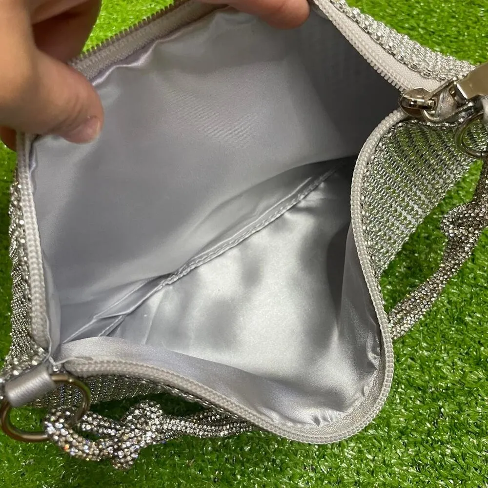Vintage Y2K Silver Rhinestone Clutch Purse w/‎ Zipper Closure Small Shoulder Bag - Image 6