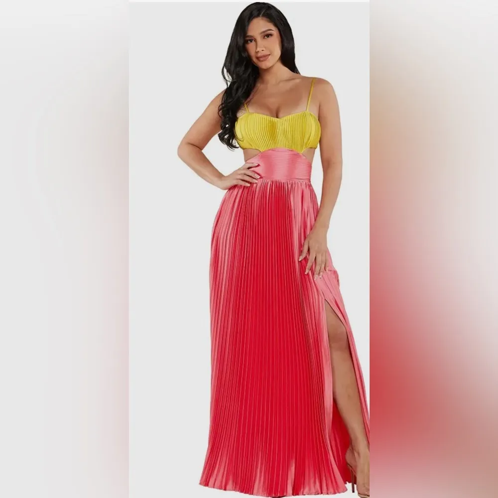 L'ATISTE Lime and Pink Satin‎ Pleated Maxi Dress Size Medium Cut out - Image 2