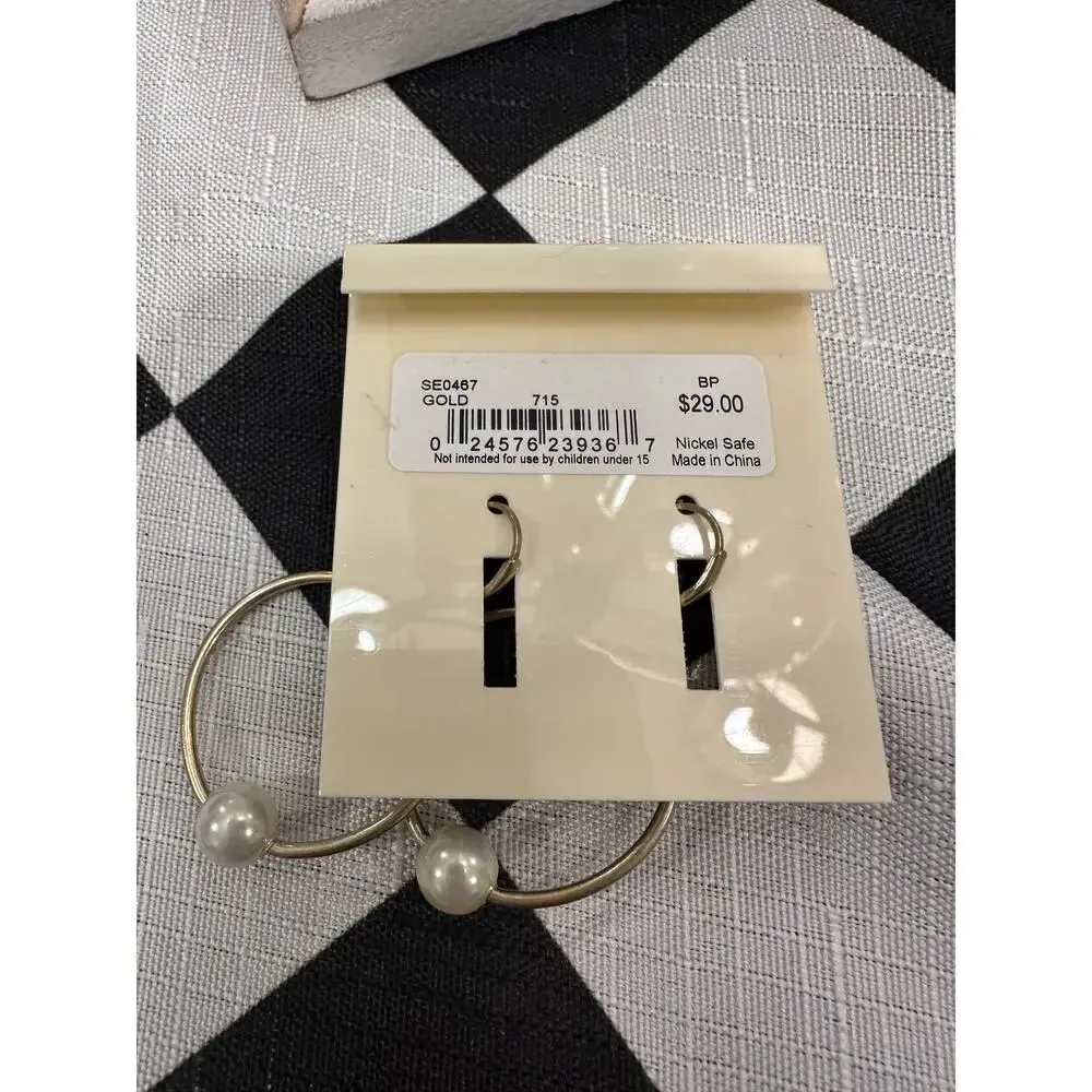 The Sak Gold color pearl dangle earrings nickel safe hoop casual brand new - Image 2