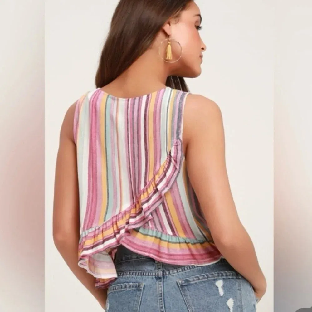 Lulu’s‎ Dreaming of Sunshine Pink Multi Striped Ruffled Cropped Tank Top - Image 2