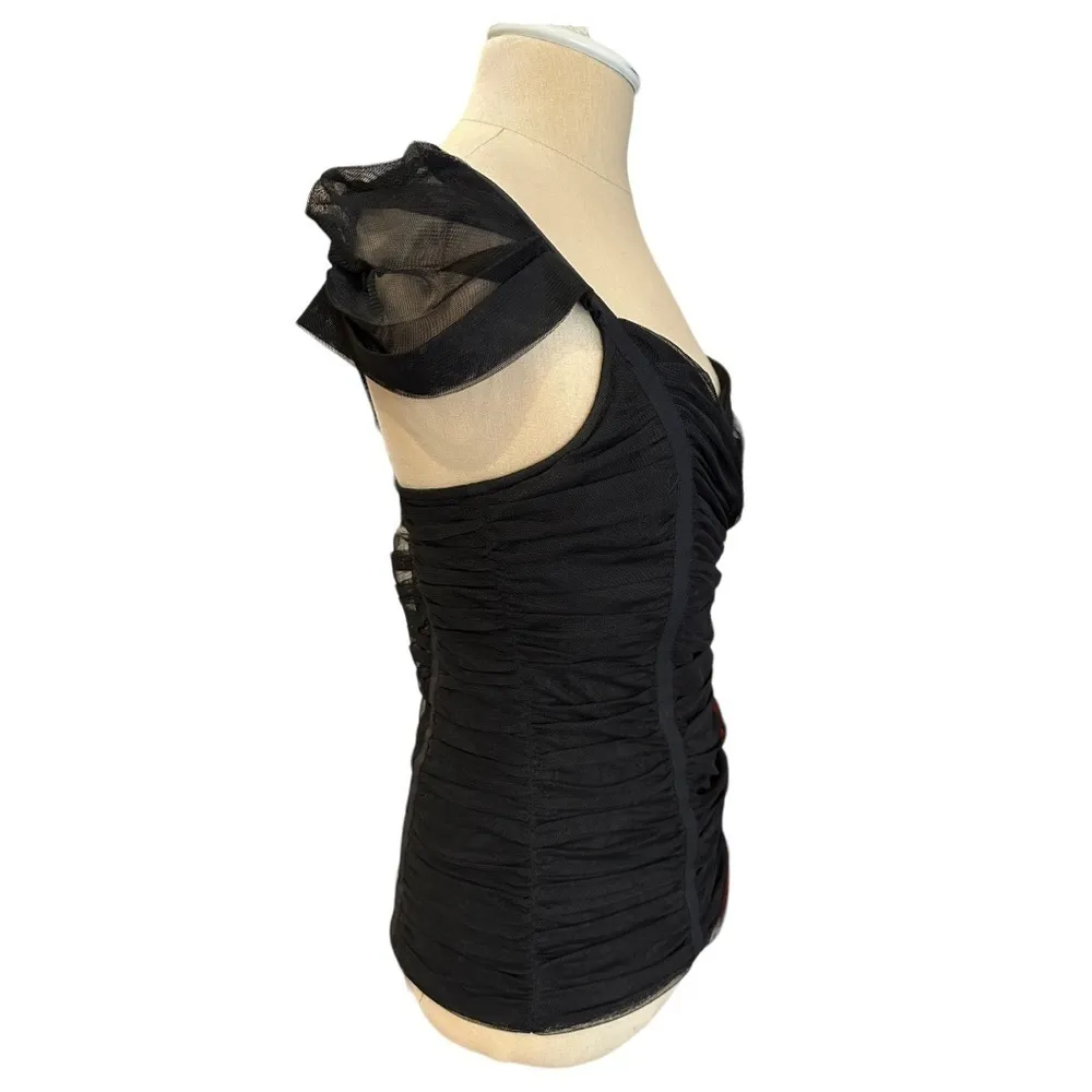 BCBG Criss Cross Sweetheart Neck Bodycon Capped Sleeve Mesh Black Size Small Top - Image 6