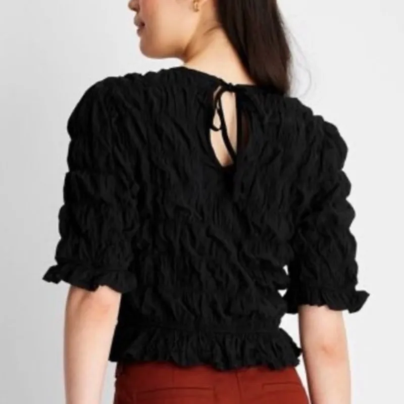 FUTURE COLLECTIVE x BLUTSTEIN | Elbow Sleeve Ruffle Textured Top Black | Large - Image 2