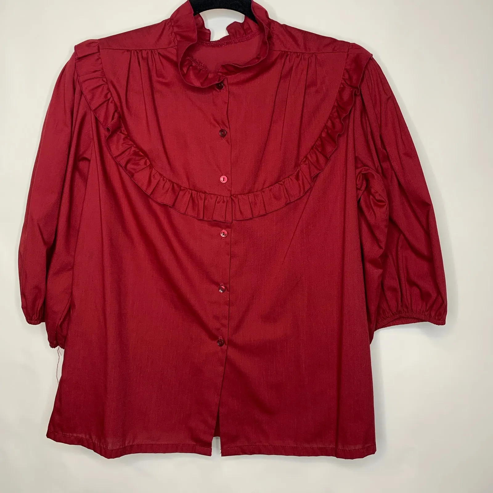 80s Vintage Burgundy Maroon Ruffle Peasant Boho Blouse Sz? Medium Red - Image 6