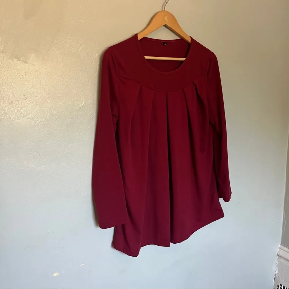 Women Pleated Flowy Top 3/4 Roll Sleeve Casual Loose Blouse Red Medium - Image 2