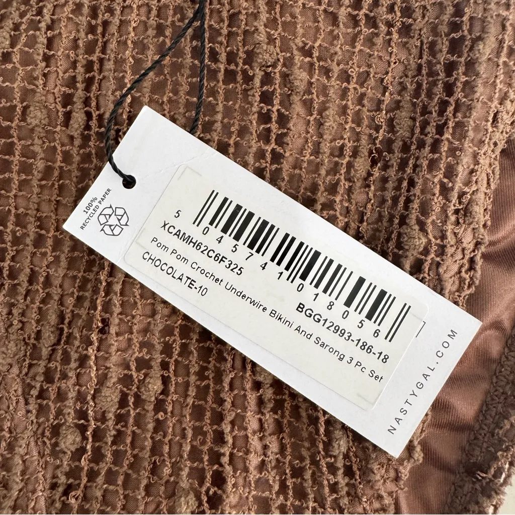 NWT Nasty Gal Chocolate Brown Pom Pom Crochet Bikini & Wrap 3 piece set sz 6 /M - Image 11