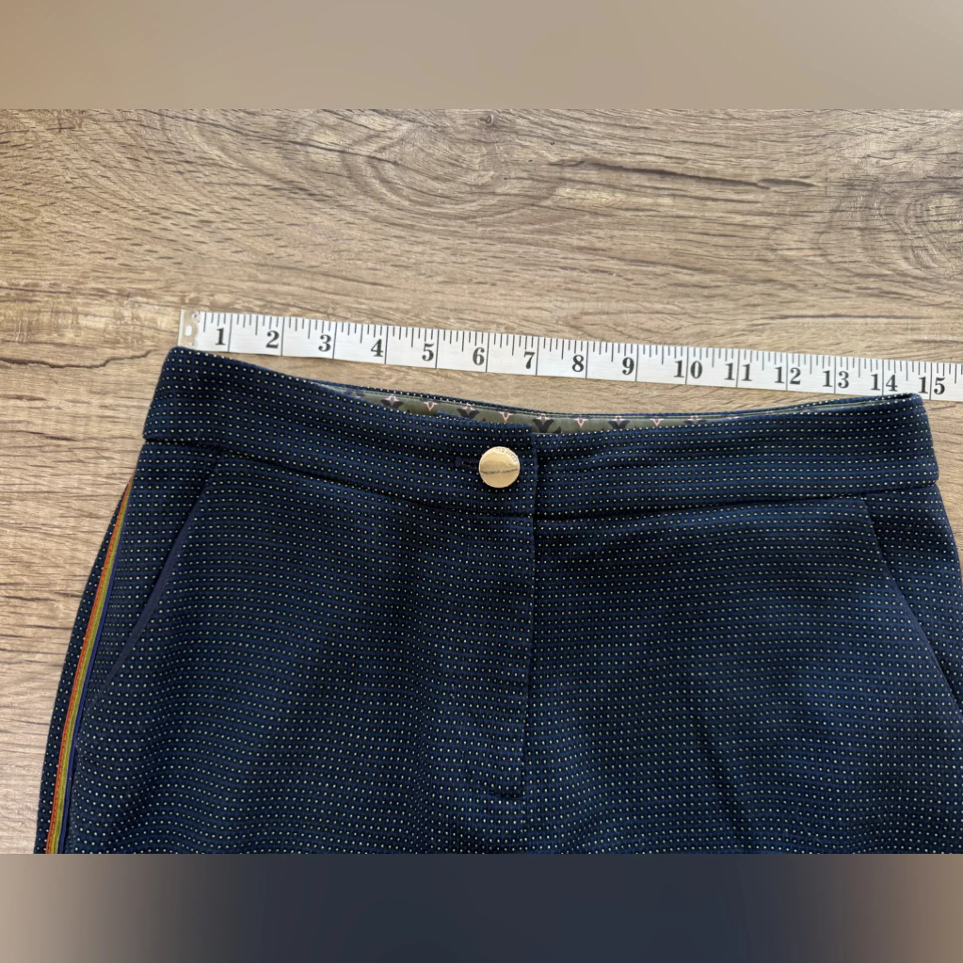 Ted baker women’s navy blue patterned pants with colorful stripes down the side - Image 4