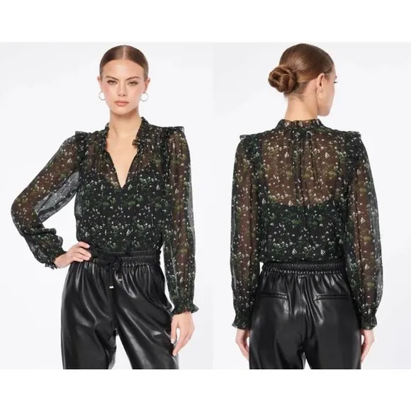 Cami NYC Ruffle Sheer 100% Silk Sandy Blouse Winter Floral Black Women's XSmall - Image 2
