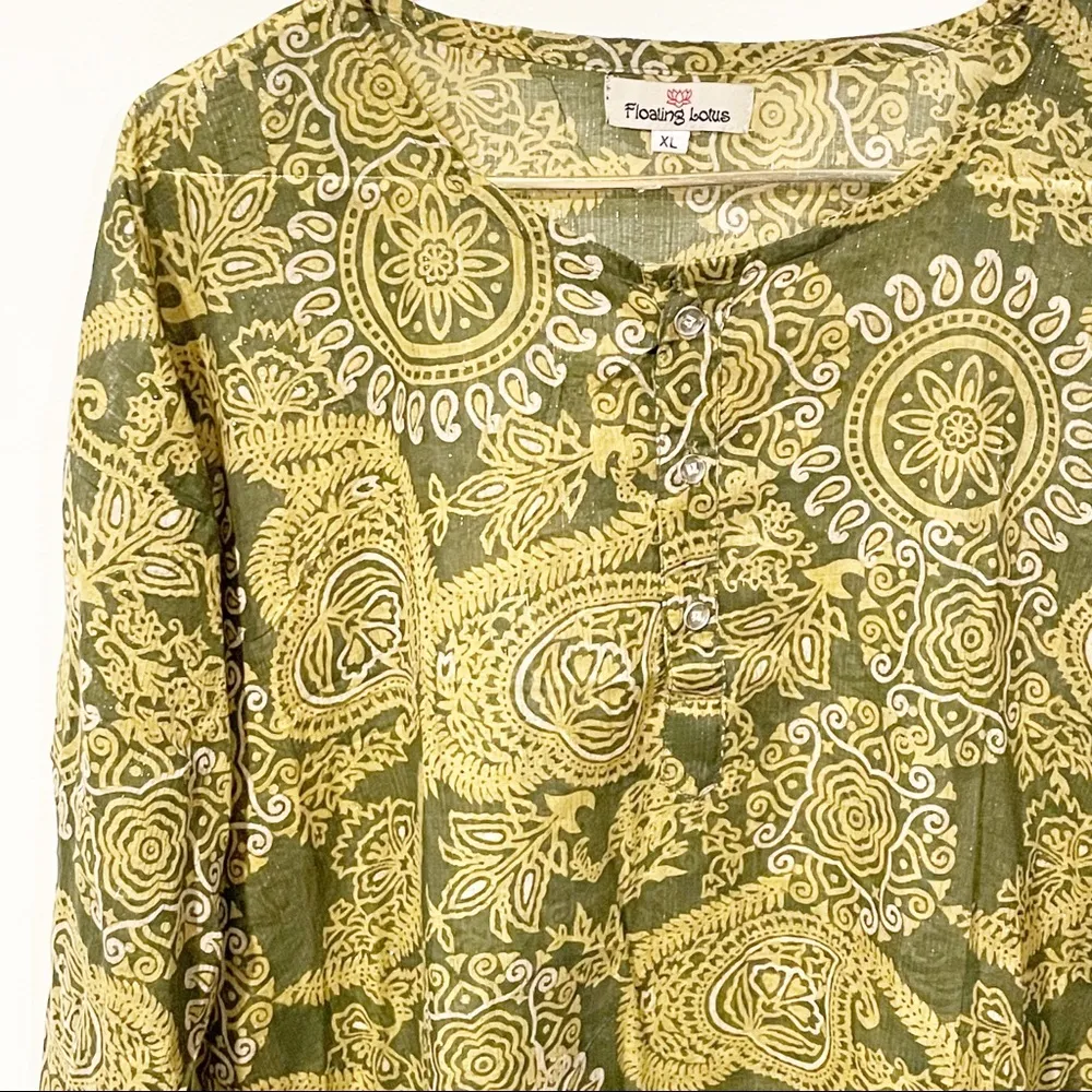 Flying Lotus Size XL Green Floral Print Cotton Made in India Blouse Top - Image 2