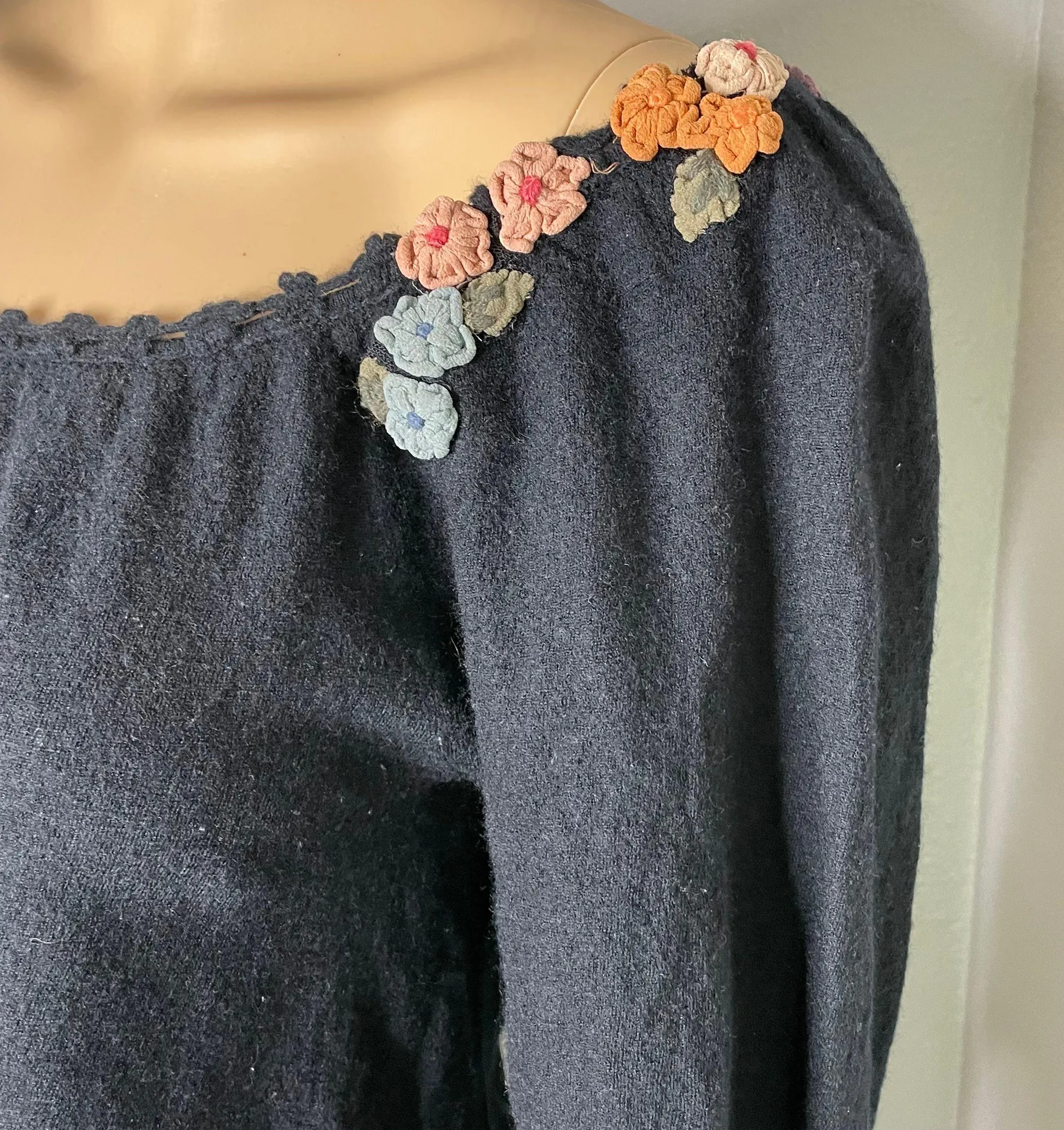 Moth for  3/4 Sleeve Black Wool Blend Blouse Floral Appliqué Detail - Image 2