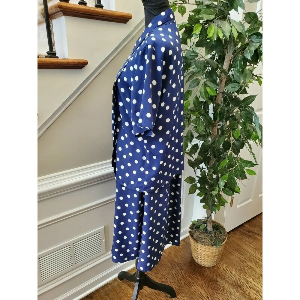 Vintage Chaus Women's Blue Polka Dot Collared 2 Piece Jacket & Skirt Suits 12 - Image 5