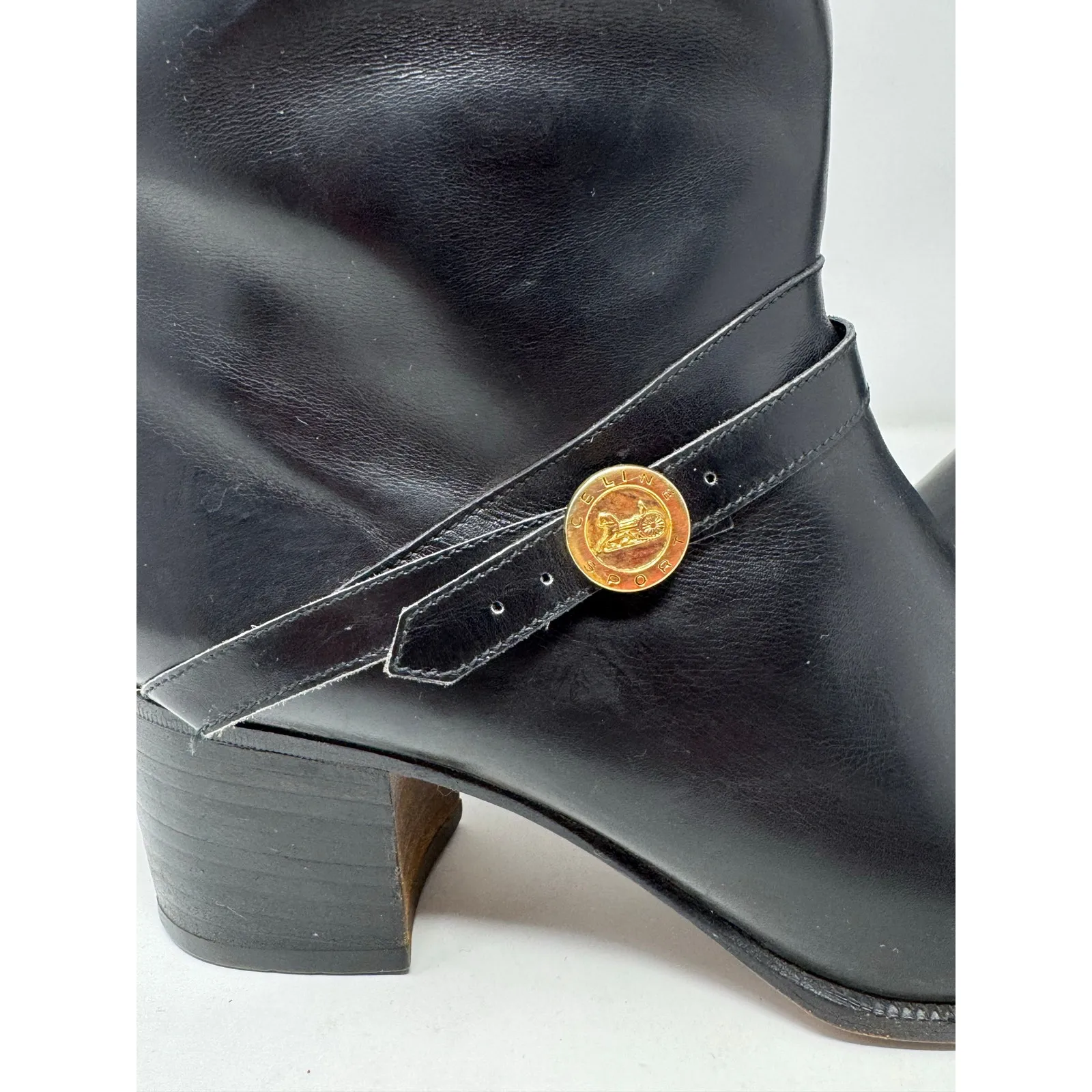 CELINE  vintage Garance Black Triomphe Strap High Boots Sz 38 - Image 6